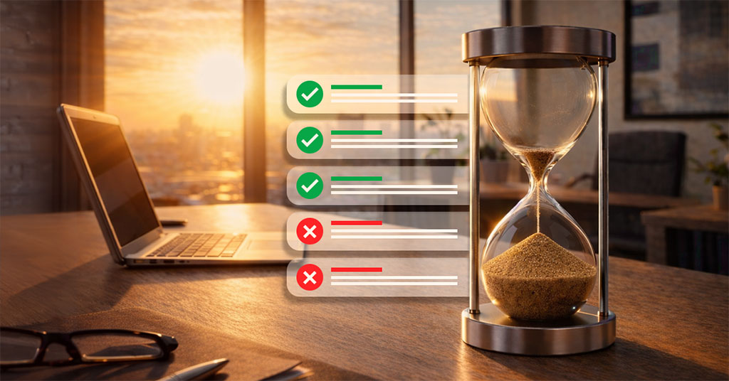 An hourglass on a business desk with a laptop and sunset in the background, overlaid with a checklist showing completed and incomplete tasks, representing lost productivity from daily IT interruptions.