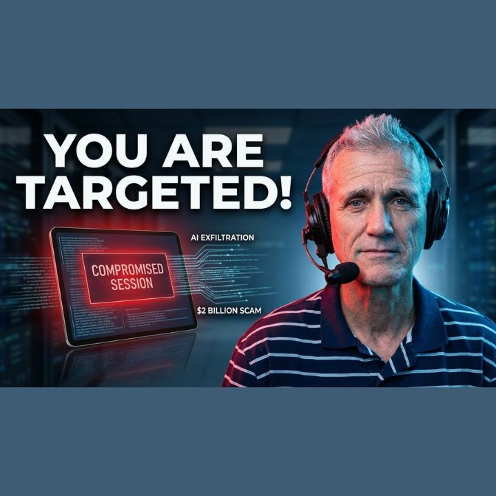 A Faster PC host Bryan Longworth wearing a headset beside a tablet displaying "Compromised Session" with the text "You Are Targeted!" highlighting this week's top cybersecurity threats including a $2 billion AI scam and critical firewall breach.