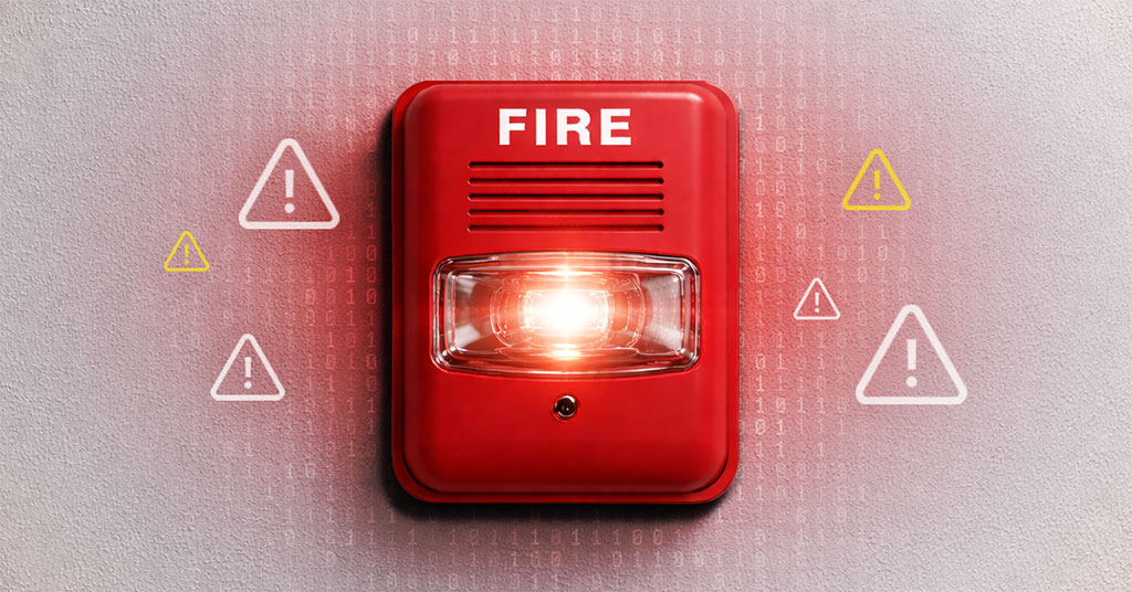 A red fire alarm with a glowing strobe light mounted on a wall, surrounded by warning triangles and a digital binary code overlay, representing the IT fire drills Florida businesses face when small tech problems go unaddressed.