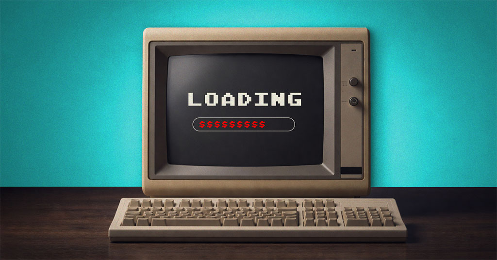 A vintage beige desktop computer and keyboard displays a retro pixel-style loading bar filled with dollar sign symbols, representing the ongoing cost of outdated technology to small businesses.