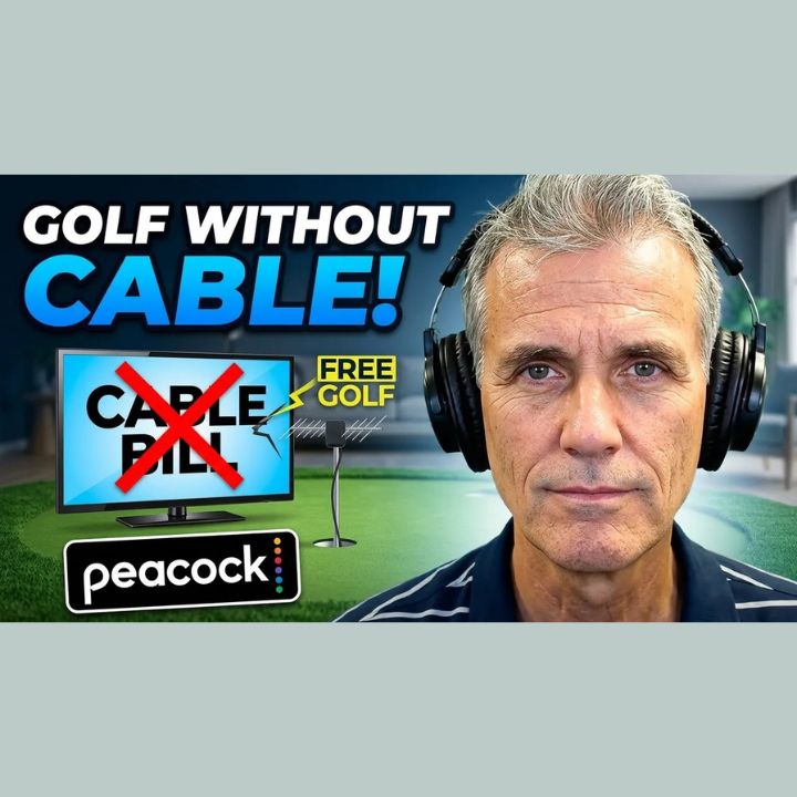 Bryan Longworth of A Faster PC wearing headphones next to a TV graphic with a crossed-out cable bill and a digital antenna, with text reading "Golf Without Cable" and the Peacock logo — showing how to watch the 2026 U.S. Open without a cable subscription.