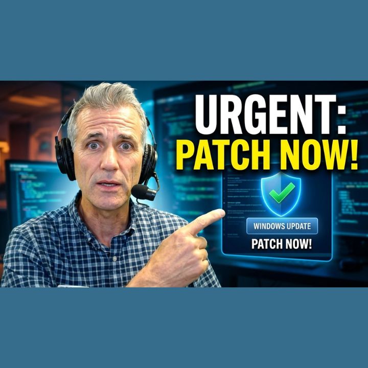 Bryan Longworth of A Faster PC pointing to a Windows Update security shield graphic with the text Urgent: Patch Now — June 2026 Patch Tuesday warning for Florida business owners