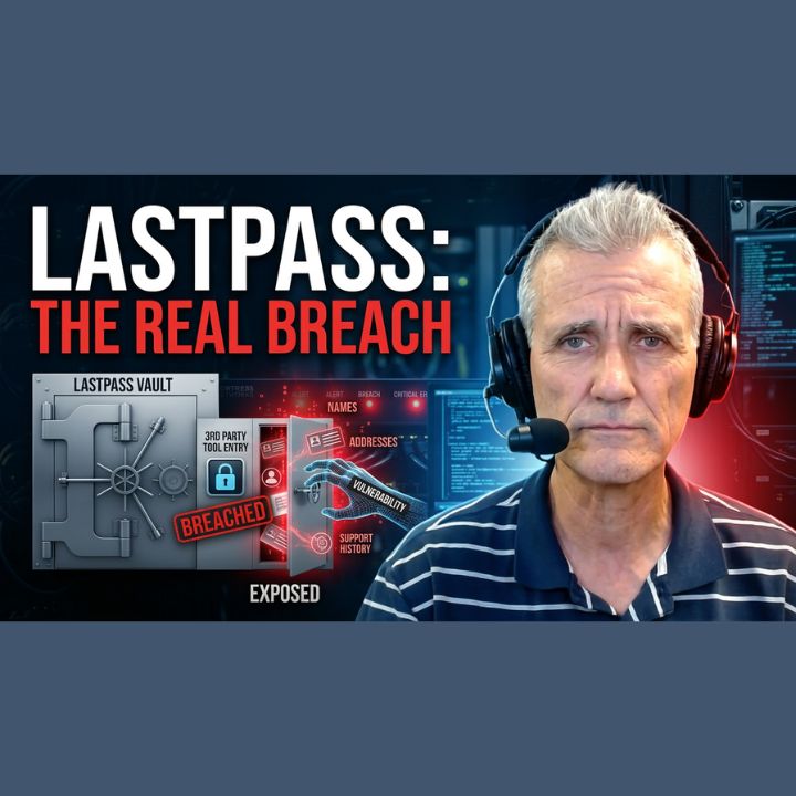 A Faster PC host wearing a headset discusses the LastPass vendor breach beside a graphic showing an exposed digital vault labeled with stolen names, addresses, and support history.