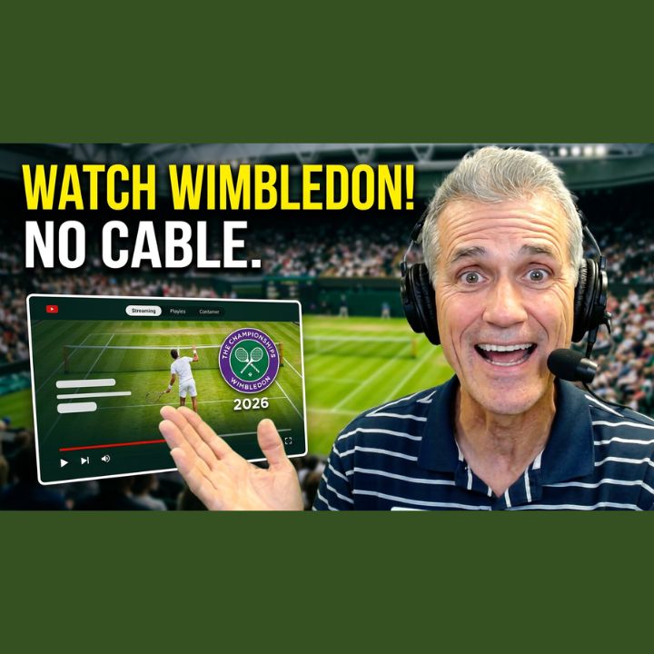A tech host gestures toward a phone screen streaming live Wimbledon tennis coverage beside the 2026 championship logo, illustrating how to watch Wimbledon without cabl