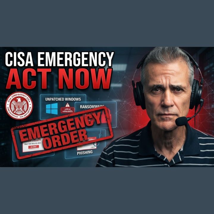 A Faster PC host wearing a headset in a server room beside graphics reading CISA emergency act now with icons for unpatched Windows, ransomware, and phishing threats