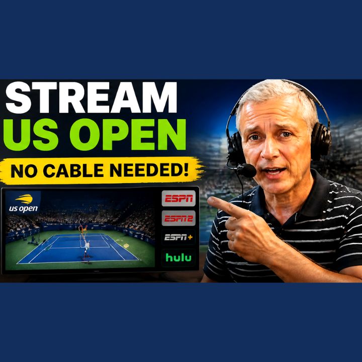 Bryan Longworth points at a TV displaying US Open tennis coverage next to ESPN, ESPN2, ESPN+, and Hulu logos, explaining how to watch the US Open without cable.