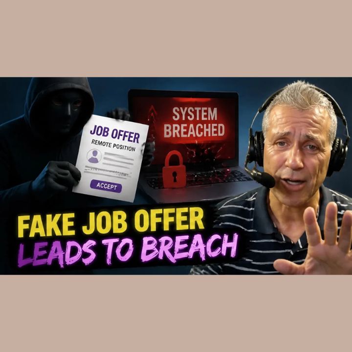 Thumbnail showing a hooded hacker holding a fake remote job offer next to a laptop displaying a system breached warning, with A Faster PC host Bryan Longworth, illustrating this week's cybersecurity threat rundown
