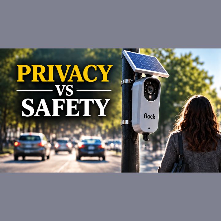 Solar-powered Flock license plate reader camera mounted on a roadside pole beside a tree-lined street with passing cars, a woman with a shoulder bag seen from behind, and bold text reading Privacy vs Safety.