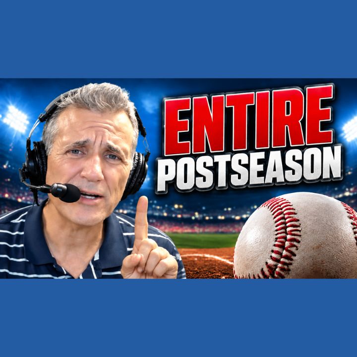 A Faster PC host Bryan Longworth, wearing a headset microphone and a navy striped polo, raises one finger in front of a lit baseball stadium beside a close-up baseball and the words "Entire Postseason" in bold red and white letters.