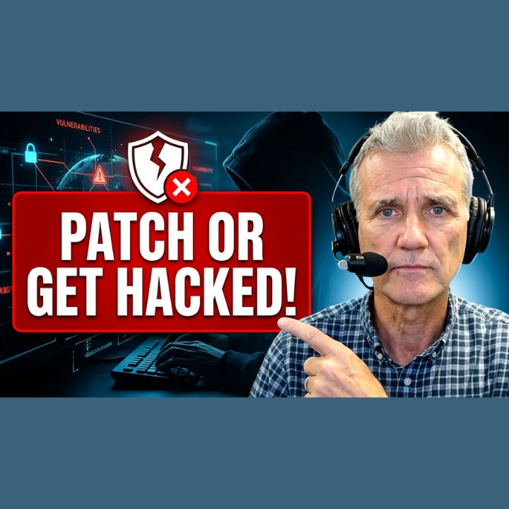 Bryan Longworth of A Faster PC, wearing a headset, pointing at a red "Patch or Get Hacked" warning graphic in front of a hooded hacker silhouette and a vulnerability-network background.