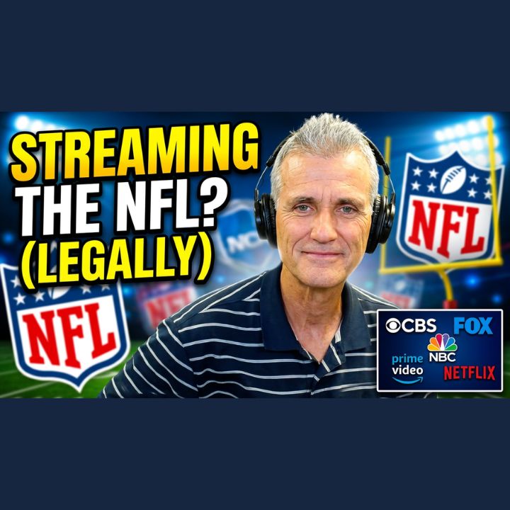 Bryan Longworth of A Faster PC wearing headphones in front of a football stadium backdrop, next to NFL, CBS, Fox, NBC, Prime Video, and Netflix logos and bold text reading "Streaming the NFL? (Legally)"