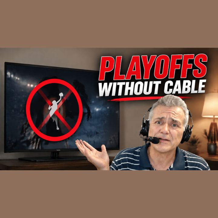 A Faster PC host Bryan Longworth in a headset shrugging with a puzzled look beside a TV showing a basketball player icon crossed out in a red circle, under the words Playoffs Without Cable
