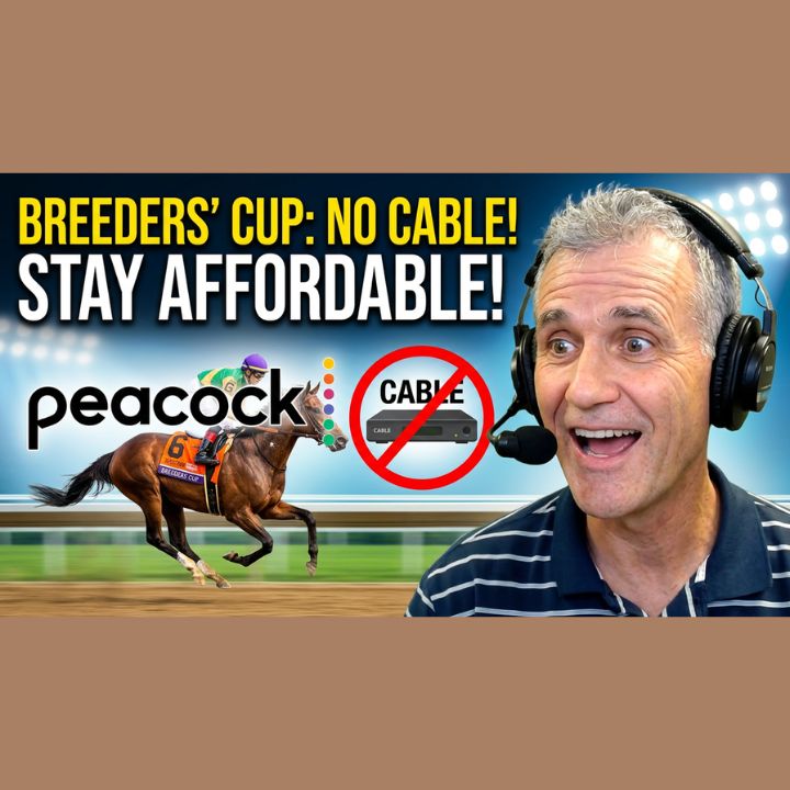 A Faster PC host Bryan Longworth in headphones and a headset microphone reacts with excitement next to a galloping racehorse wearing a Breeders' Cup saddle cloth, the Peacock logo, and a cable box crossed out with a red symbol, under the headline Breeders' Cup: No Cable! Stay Affordable!