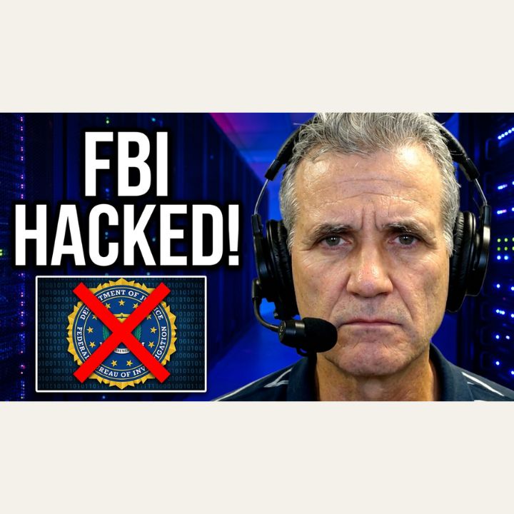 Bryan Longworth of A Faster PC wearing a headset with a boom microphone and a serious expression in front of glowing server racks, beside bold white text reading FBI HACKED! and an FBI seal crossed out with a red X over binary code.