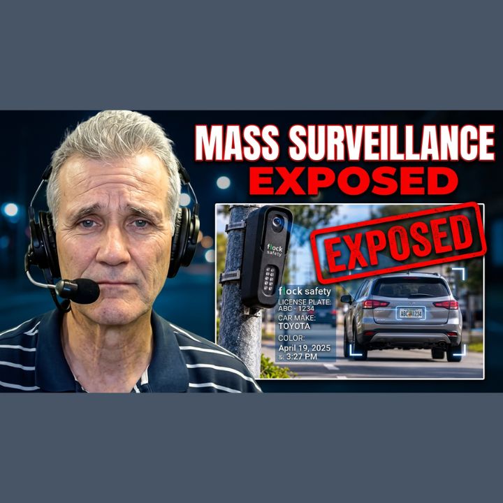 A Faster PC host Bryan Longworth wearing a headset microphone beside the headline Mass Surveillance Exposed, next to a pole-mounted Flock Safety camera capturing the rear of a silver SUV with an on-screen readout of license plate, car make, color, date and time, stamped Exposed in red.
