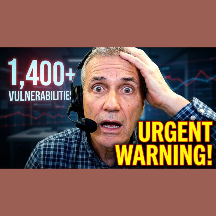 Bryan Longworth of A Faster PC wearing a headset microphone, wide-eyed with his hand on his head, beside the text "1,400+ Vulnerabilities" and "Urgent Warning!" over a dark background with red and blue line charts.