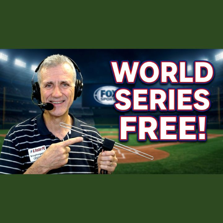 Bryan Longworth of A Faster PC, wearing a headset microphone and a striped polo with an A Faster PC name badge, smiles and points to a small indoor TV antenna in his hand in front of a lit baseball stadium with a Fox Sports logo on the scoreboard, beside large text reading World Series Free!