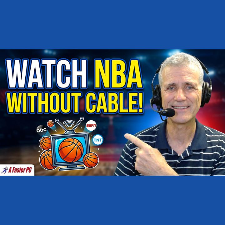 Bryan Longworth of A Faster PC, wearing a headset and a navy striped polo, smiles and points toward a cartoon TV with an antenna, surrounded by basketballs and ABC, ESPN, and TNT logos, under the headline Watch NBA Without Cable on a basketball arena background.